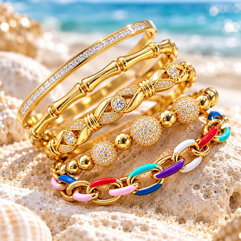 Women's Twisted Bamboo & Bead Hinged Bangle Bracelet Set, Gold-Tone